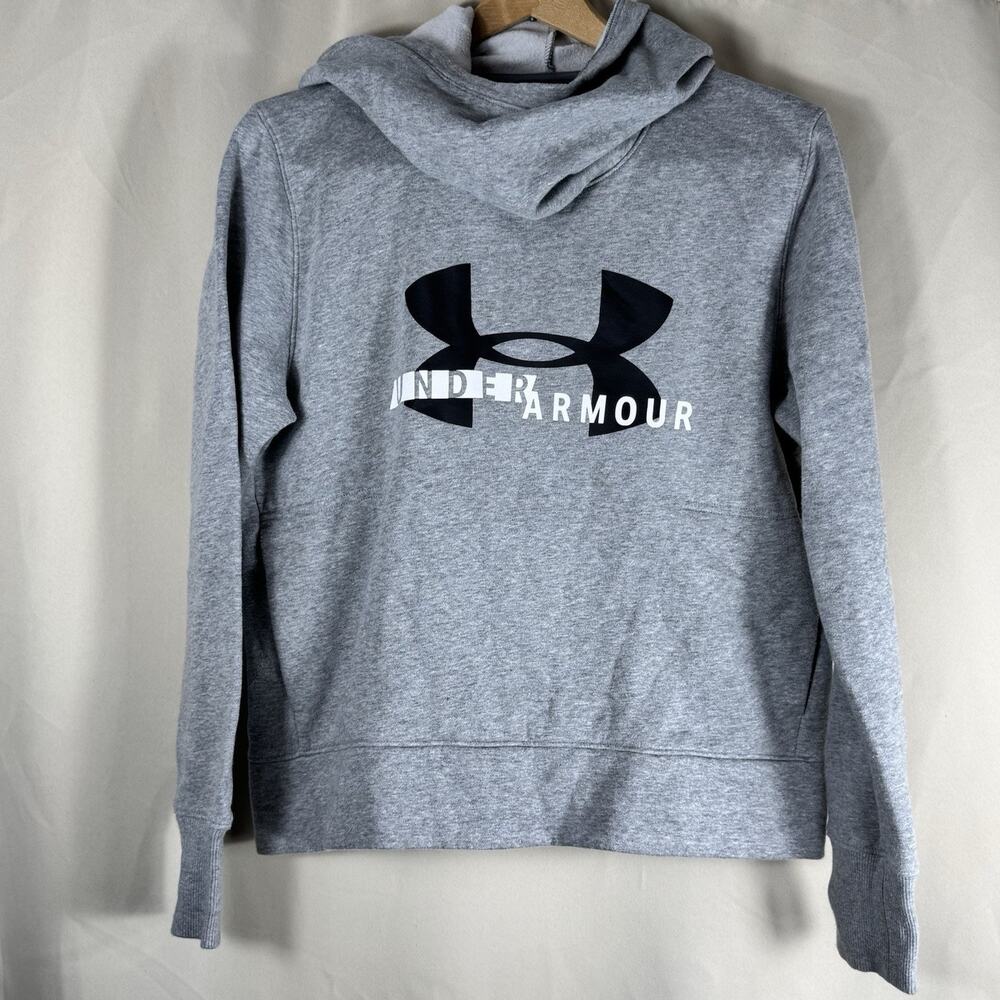 Under Armour Hoodie Women Medium Gray Graphic Funnel Neck Pullover Fleece Casual